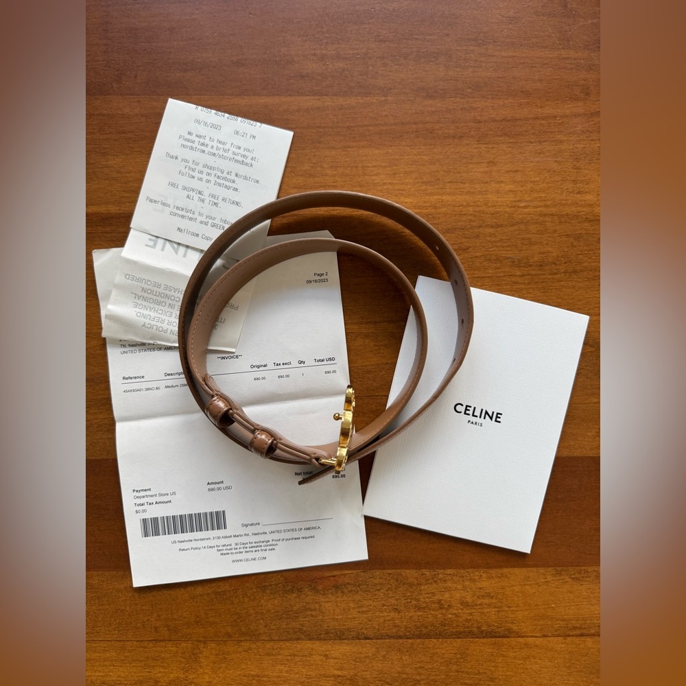 Celine Triomphe Patent Leather Belt | Champagne/Fawn “Taurillon” | Size 80